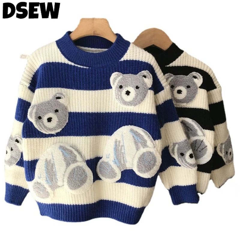 

Children Warm Sweater 2022 New Spring Autumn Fashion Plush Knitting Cartoon Bear Striped Crew Neck Teenage Boys Kids Clothes