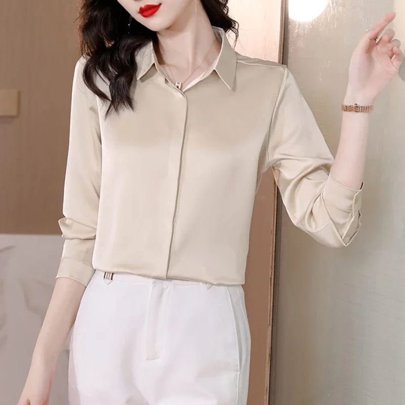 

2023 New Silk Coverd Button Women's Shirt Fashion Stain Long-sleeved Blouse Female Elegant Solid Color Office Ladies Tops Mujer