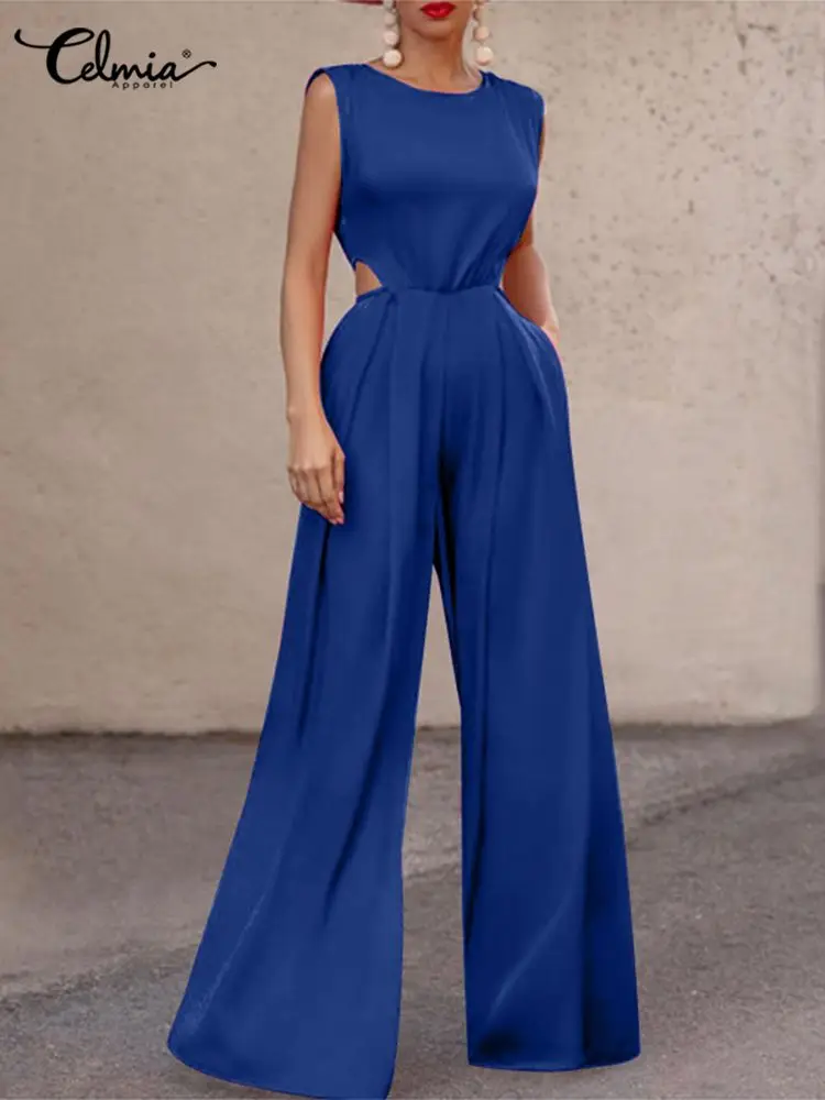 

Celmia O Neck Waist Cutout Jumpsuits Elegant Solid Long Rompers Sleeveless Women Wide Leg Pant Overalls Fashion Pleated Playsuit