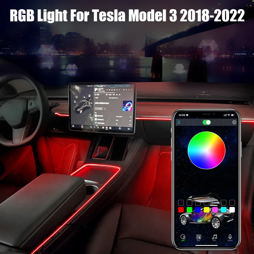 

Лампа атмосферная Автомобильная 64 цвета, приборная панель с подсветкой, USB-адаптер для сигареты Tesla Model 3 2018-2022