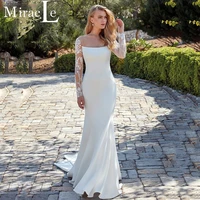 modern simple satin white wedding dress lace long sleeve bridal gown button backless appliques bride robes vestido de novia