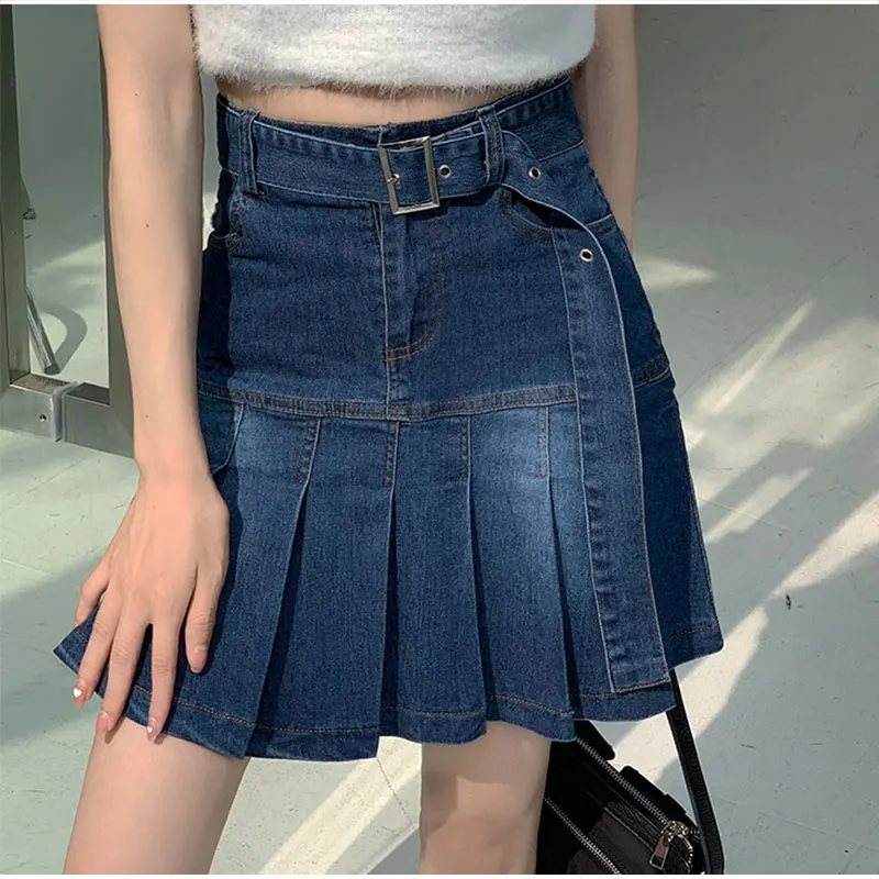 

Summer Y2k Street Independent Aesthetics Low Waist Pleated Skirt Wrapped Belt A-line Skirt Female Korean Fashion Ruffle Skirt
