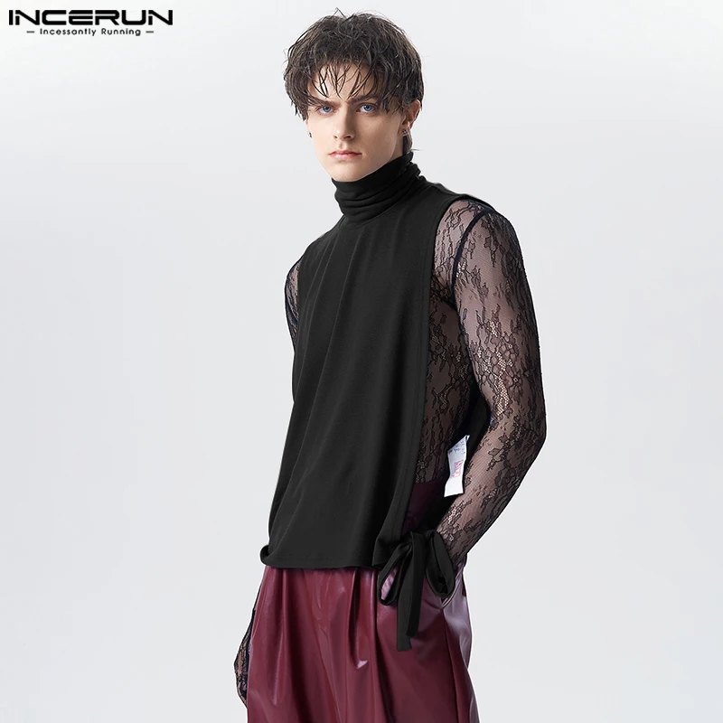 

Handsome Well Fitting Tops INCERUN Men's Fashion High Neck Solid Waistcoat Casual Streetwear Sleeveless Bandage Tank Tops S-5XL