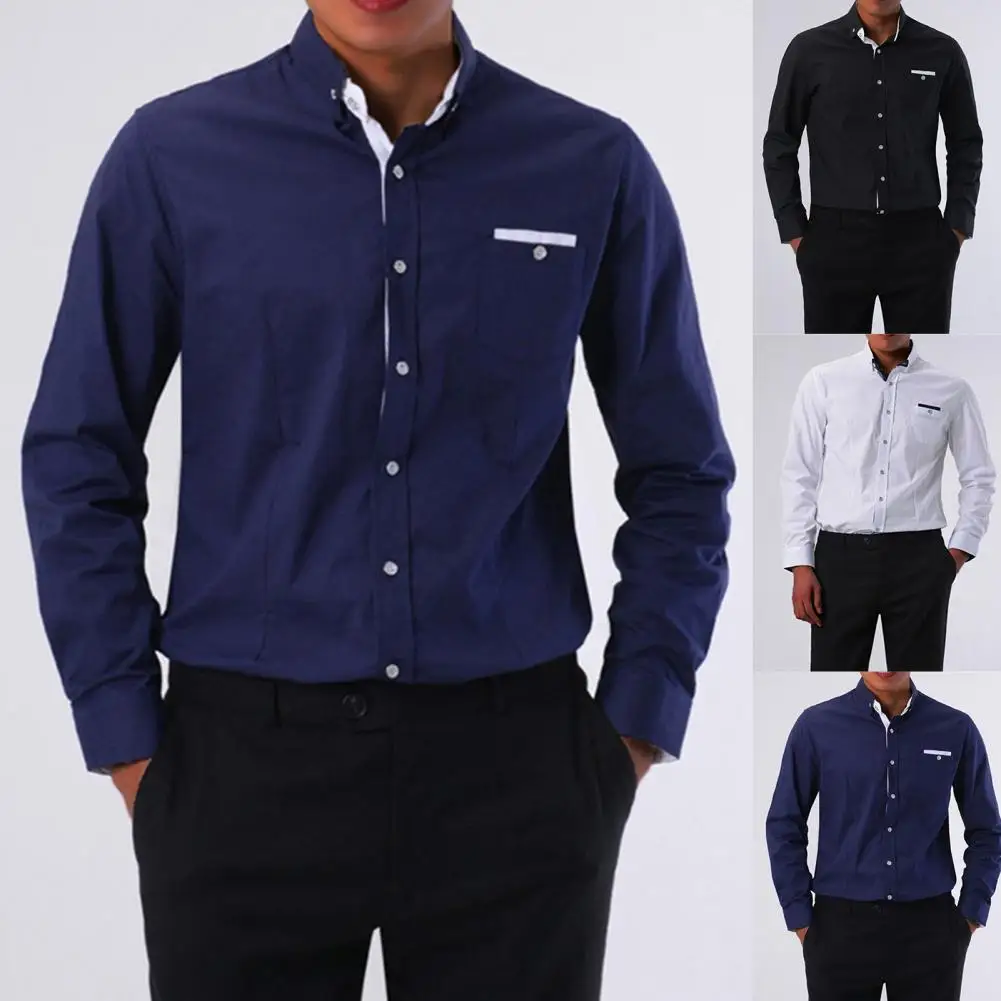 

Long Sleeve Pocket Decor Business Shirt Solid Color Lapel Men Shirt Slim Fit Buttons Closure Dress Shirt Streetwear