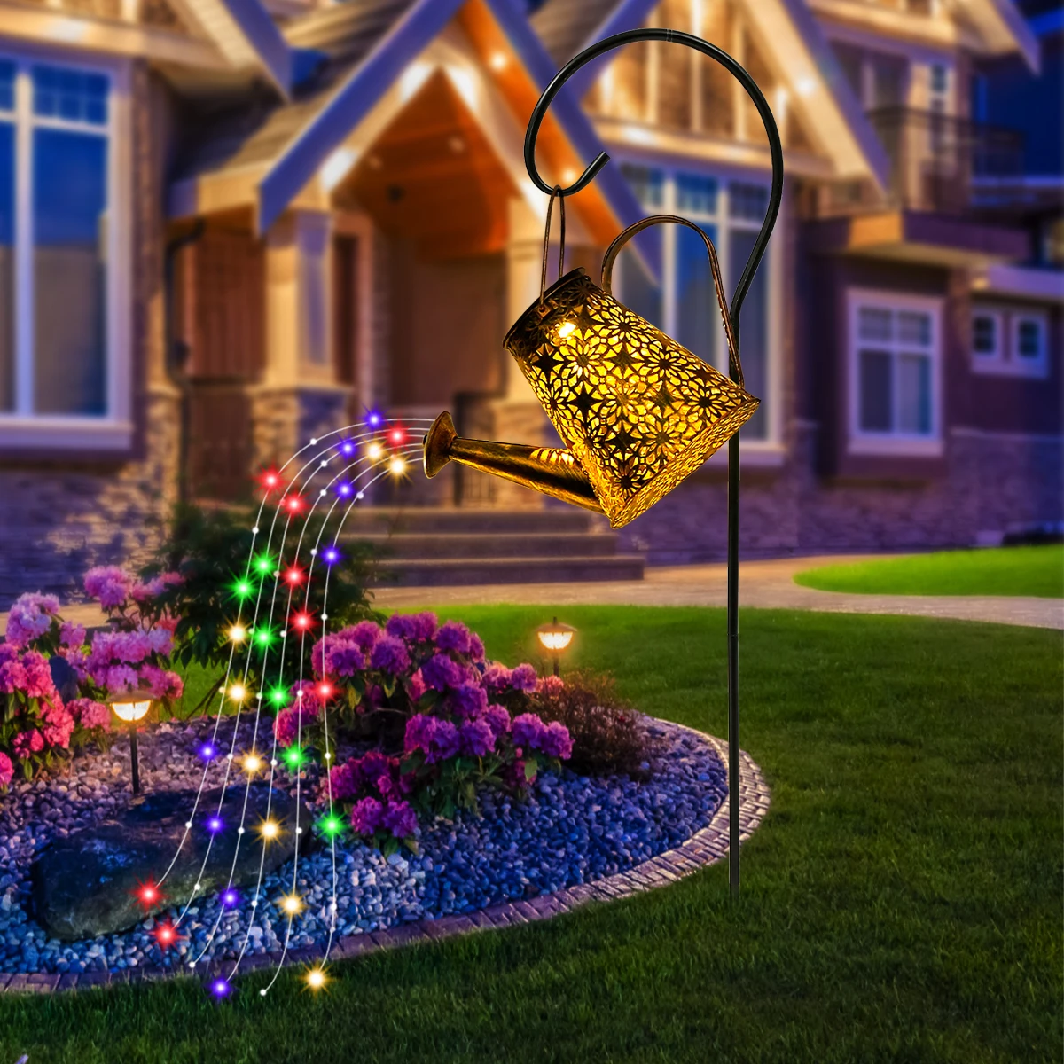 

Solar Watering Can Lights Outdoor Decorative Hanging Solar Lantern with 5 Colorful Light Strings Waterproof 60 LED Retro Metal