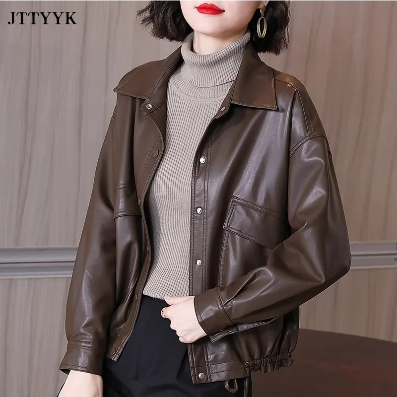 

Loose 4XL Plus Size Black Leather Jacket Women's Coat Spring 2022 Fashion Short Harajuku Basic Jackets Top Women Vintage Clothes