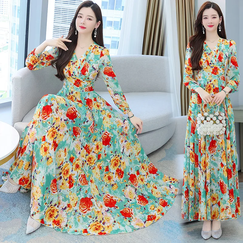 Midi Dress  For Women 2023 Spring Long Sleeve Vestidos Elegantes Fiesta Chiffon Casual Floral  muslim maxi dresses for women
