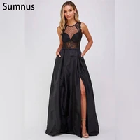 sumnus modest black stain prom dresses high slit floor length formal evening gowns lace appliques robe de soir%c3%a9e femme 2022 new