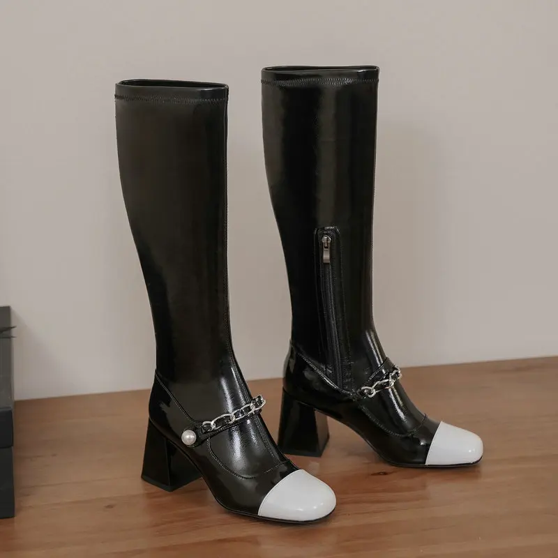 

Women Knee High Boots Thick High Heels Square Toe Genuine Leather Autumn Winter Fashion Concise Party Casual Shoes Woman