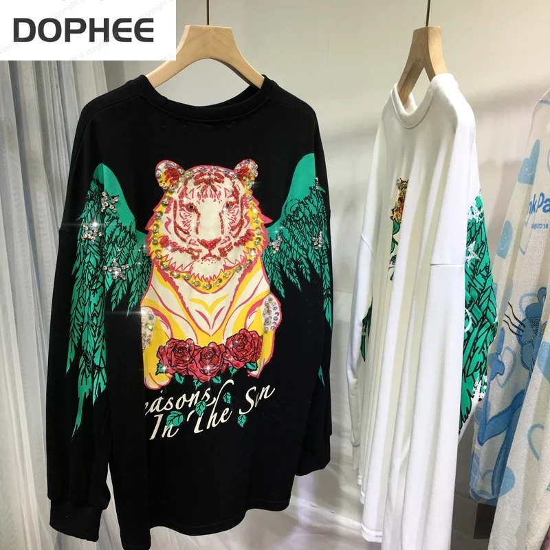 Sequins Diamond Beading Winged Tiger Sweatshirt 2022 New Spring Autumn All-match O-neck Pullover Top Streetwear Black Hoodie