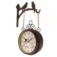 european vintage two birds on branch with rose flower design double sided round hanging wall mounted decor iron clock