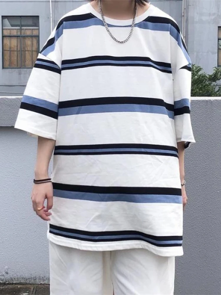 

Summer Striped T Shirt Harajuku Teen Short Sleeve Tees Women Oversized Shirts Casual Couple Loose Streetwear Tops Korean Blouse