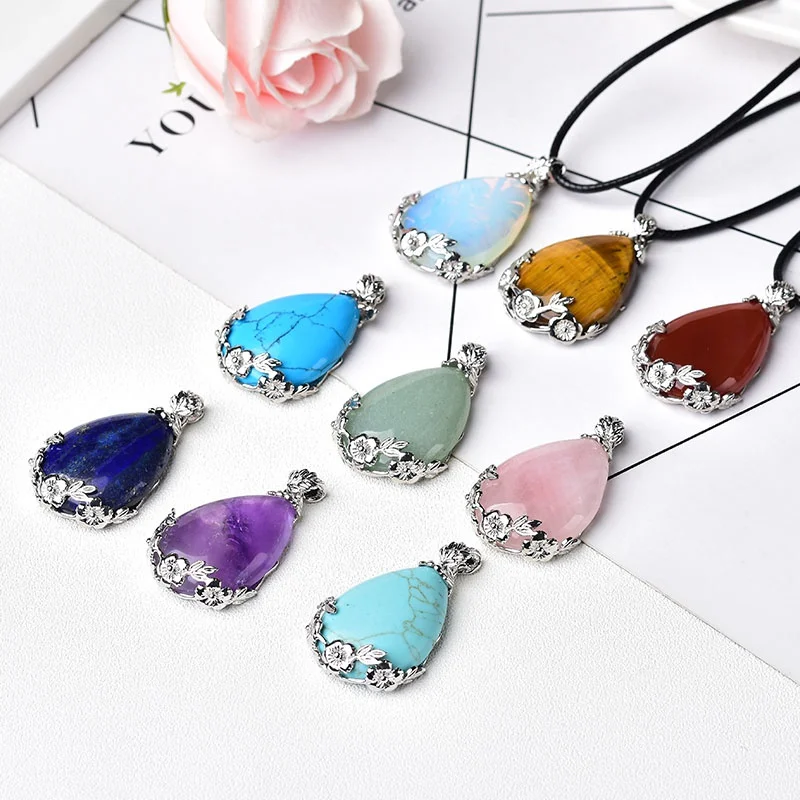 

Natural Crystal Amethyst Waterdrop Flower Pendant Necklace Healing Chakra Jewelry For Women Holiday Gift Home Decor Ornaments