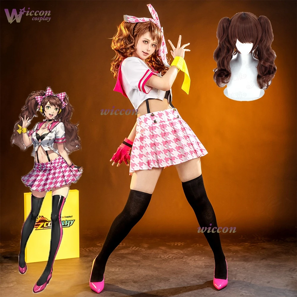 Фото Костюм для косплея YNotCos Person 4 Rise Kujikawa, парик, розово-белый клетчатый сексуальный наряд с топом и юбкой для женщин на Хэллоуин. №1