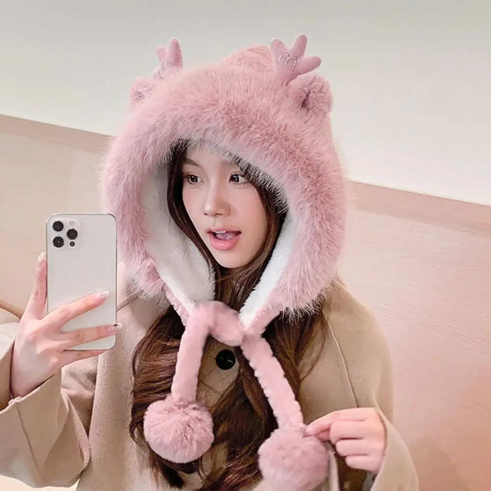 

Women Christmas Hat with Furry Ball Decoration Fashionable Winter Hat with Cute Furry Trim Plush Warmth Antler Ears for Women