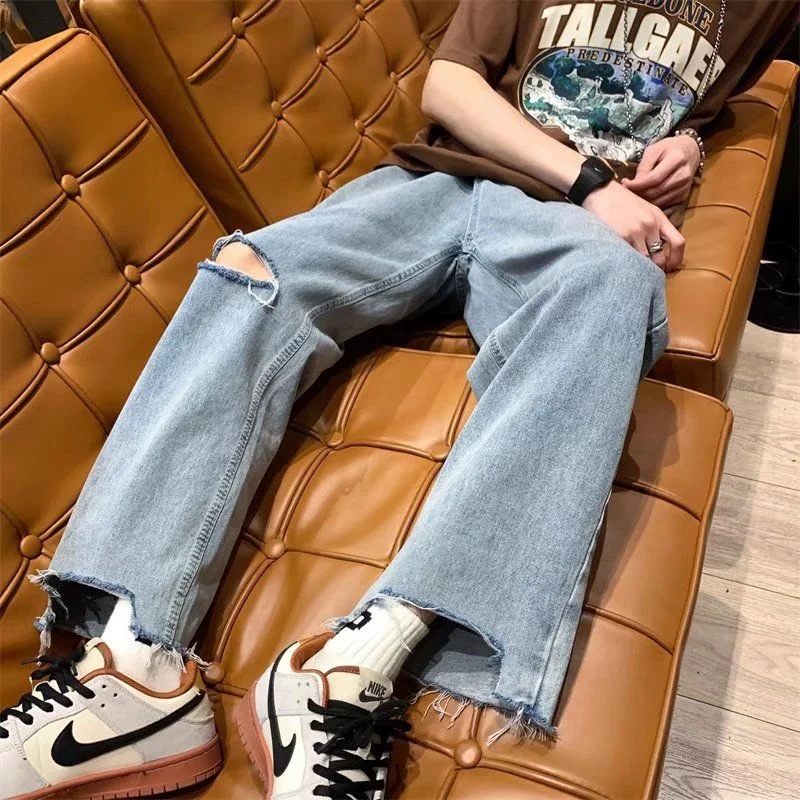 Summer Blue Ripped Jeans Men Fashion Casual Wide Leg Jeans Men Streetwear Loose Hip Hop Hole Denim Pants Mens Trousers S-5XL