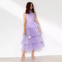 elegant purple a line tiered prom dress halter tea length tulle formal evening party gowns sexy open back graduation dresses