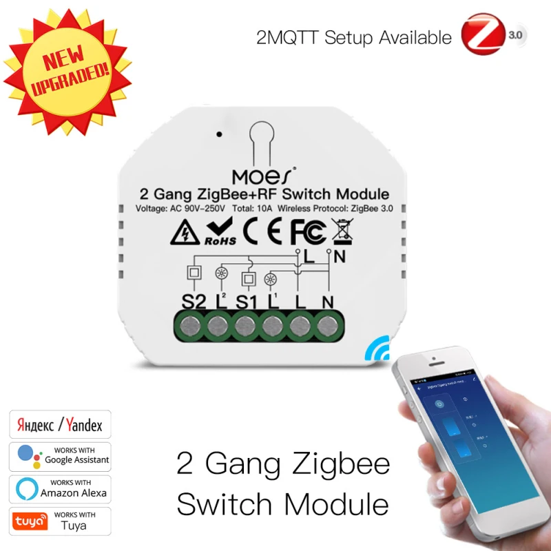 

10A ZigBee 3.0 + RF433 DIY Switch Relay Module 90-250V 2 Channels for Tuya Smart Life APP Work with Alexa Google Home Assistant