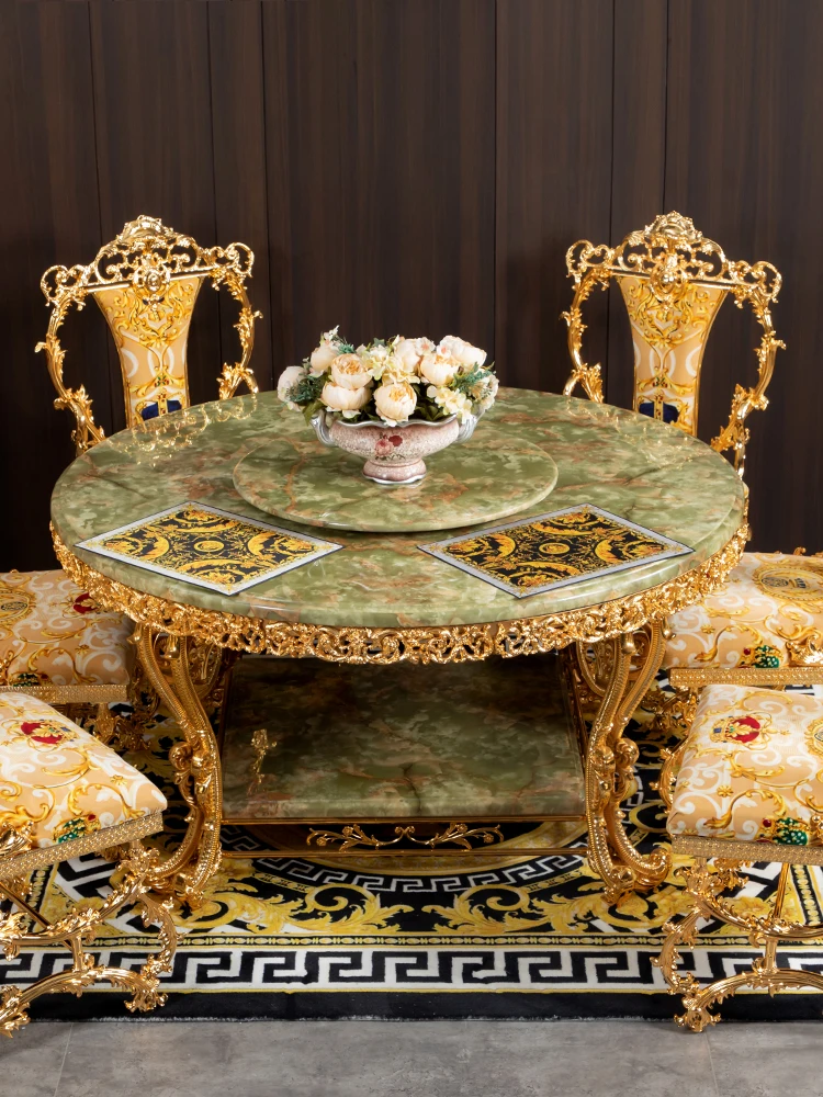 

European-style classical marble gilded round dining table living room metal carved luxury jade dining table and chair combinatio