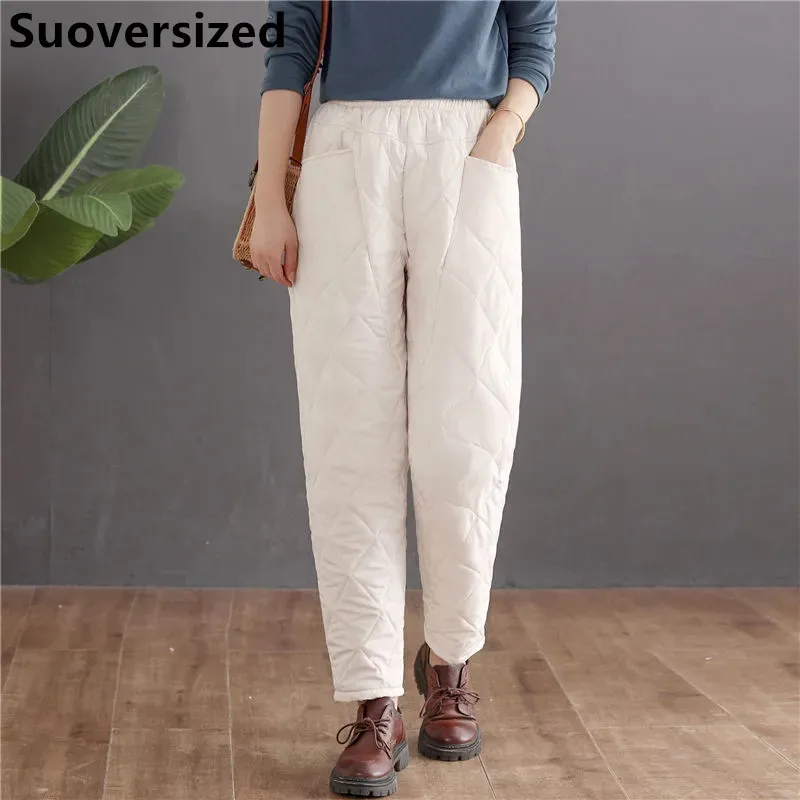Women's High Waisted Cotton Pants Winter Warm Snowwear Baggy Thick Harem Trousers Korean Casual Loose New Pantalones De Mujer