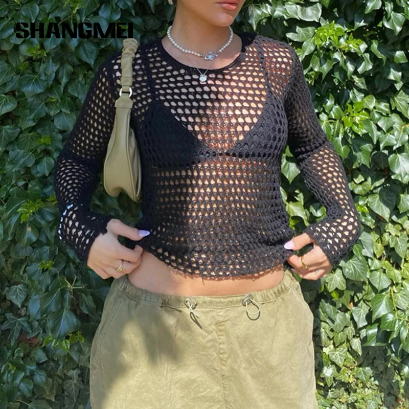 

Sexy See Though Hollow Out Beach T Shirt Tops Y2K Summer Black Women Knitted Long Sleeve Cropped Backless Tee Tops