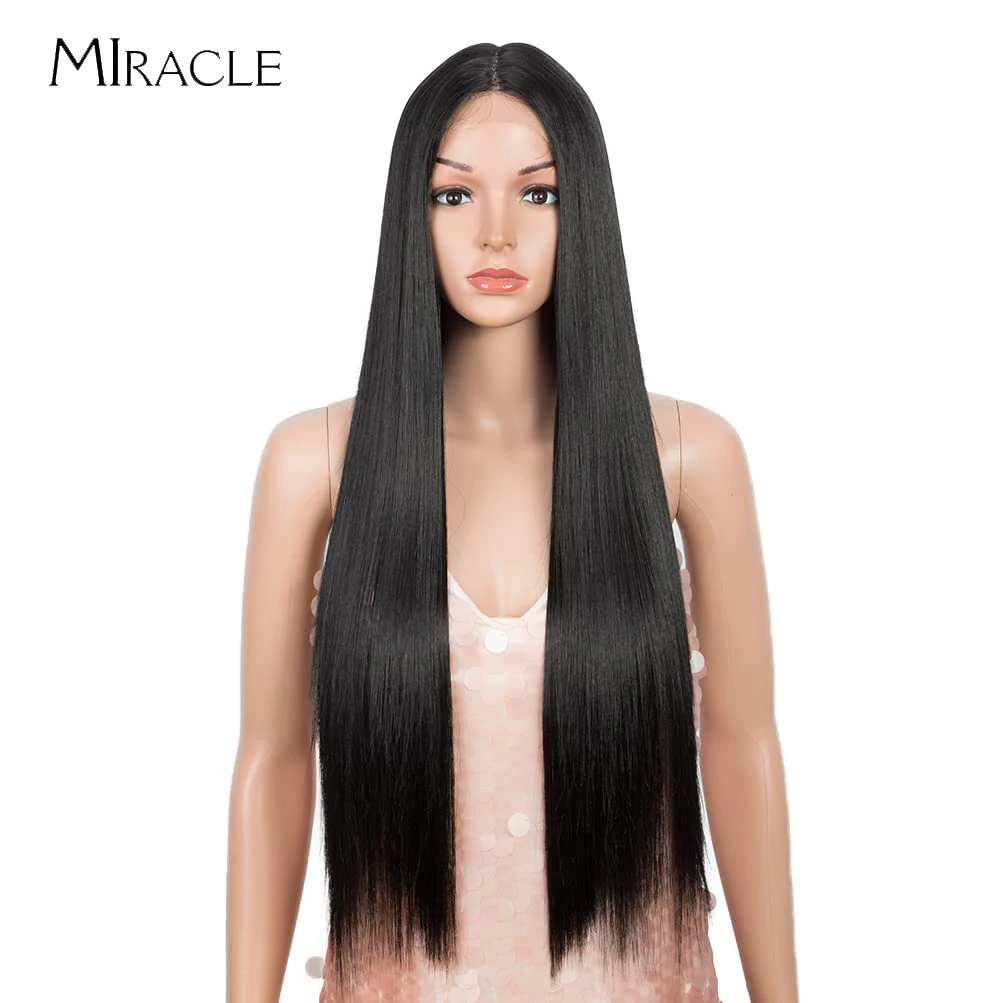Synthetic Wig Straight 150 Density Black Color Lace Wig For Black Women With Baby hair 30inch Synthetic Heat Temperature Glueles