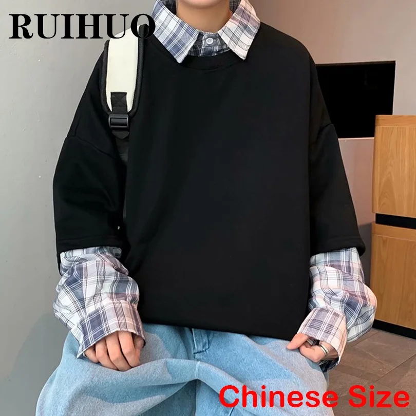 

RUIHUO Patchwork Streetwear Men Sweatshirts Korean Fashion Crewneck Sweatshirt Men Clothing Harajuku Hip Hop Chinese Size 2XL