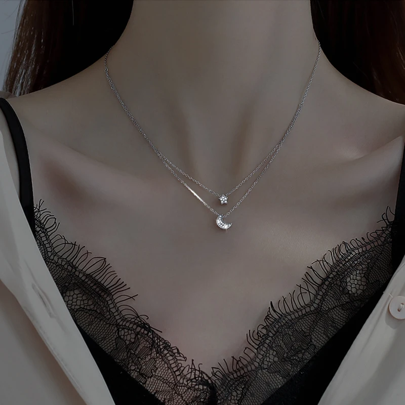 

Double Necklace Female 925 Sterling Silver Shiny Star Moon Pendant Simple Clavicle Chain High Jewelry Party Wedding Accessories