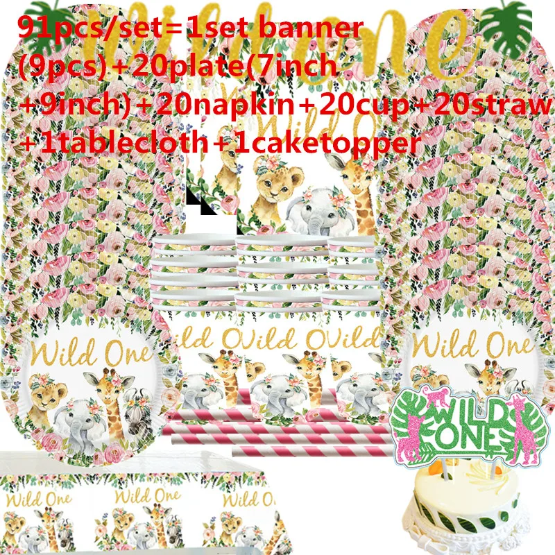 

91pcs Jungle Animal Tableware Set Wild One girl Birthday Party Decor Kids Forest Party Supplies Jungle Safari Theme Party Deco