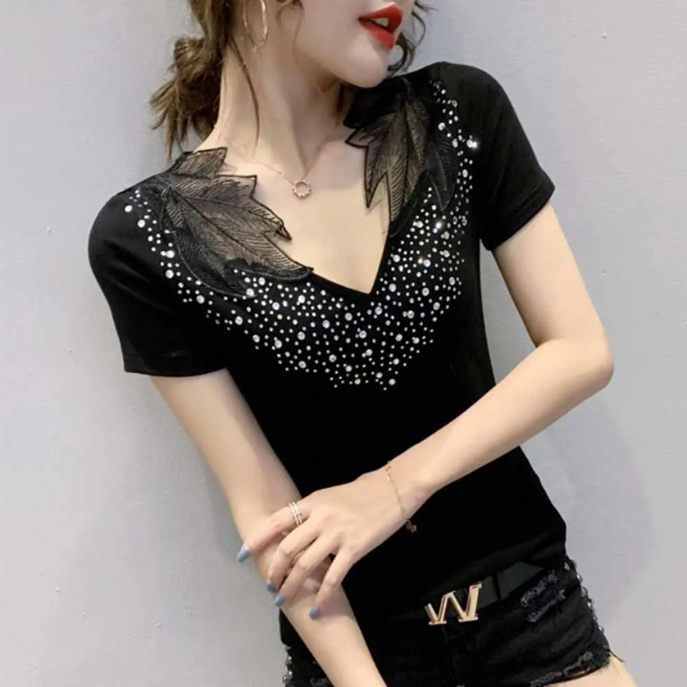 

Summer Fashion Korean Clothes Sexy Embroidery Diamonds T-Shirt Women Tops Cotton Bottoming Shirt Tees 2022 New