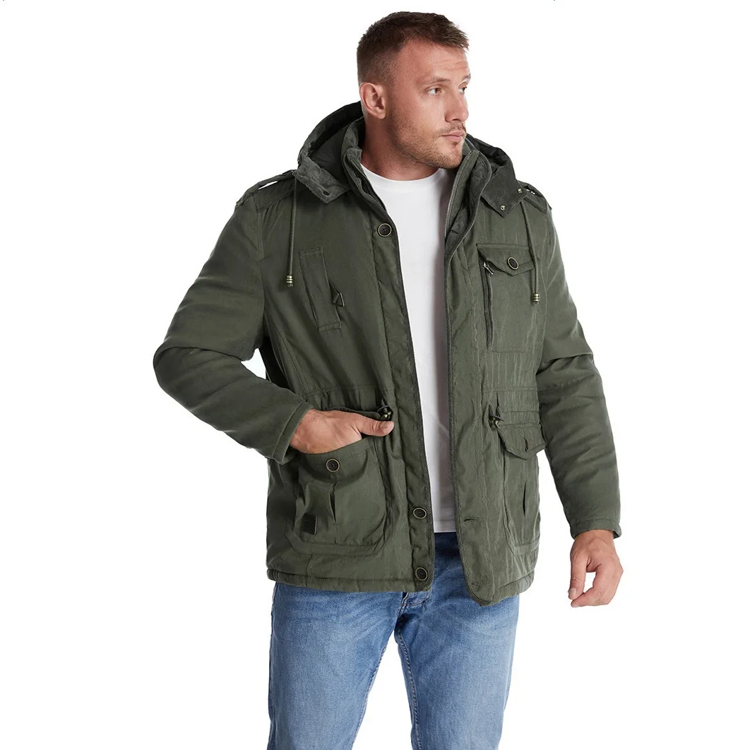 Mid Length Faux Plush Inner Warm Hooded Jacket Men Plus Size Thick Multi-pocket Casual Winter Coat Removable Hooded Parka