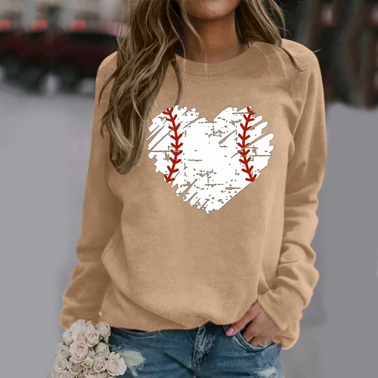

Women Distressed Baseball Heart Graphic Sweatshirt Long Sleeve Casual Round Neck Pullover Pullover Shirt Pullover Sweaters Women