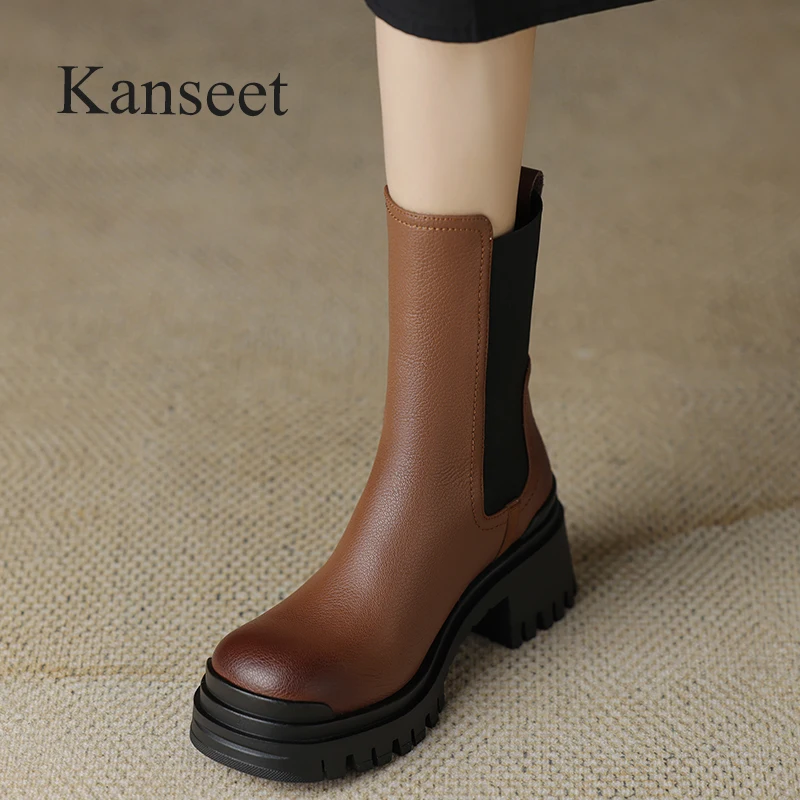 

Kanseet Genuine Leather Mid-Calf Boots For Women Round Toe Vintage Thick Heels Elastic Boots Ladies 2023 Autumn Winter Shoes New