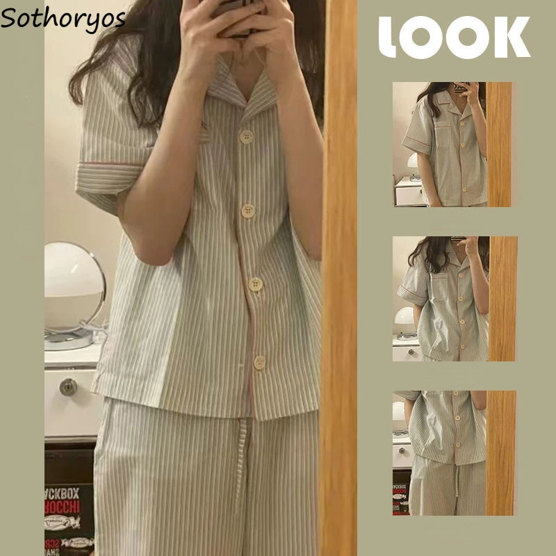 

Pajama Sets Women Simple Daily Design Korean Style Lounge Wear Striped Basic Popular Ins Turn-down Collar Sweet Summer Students