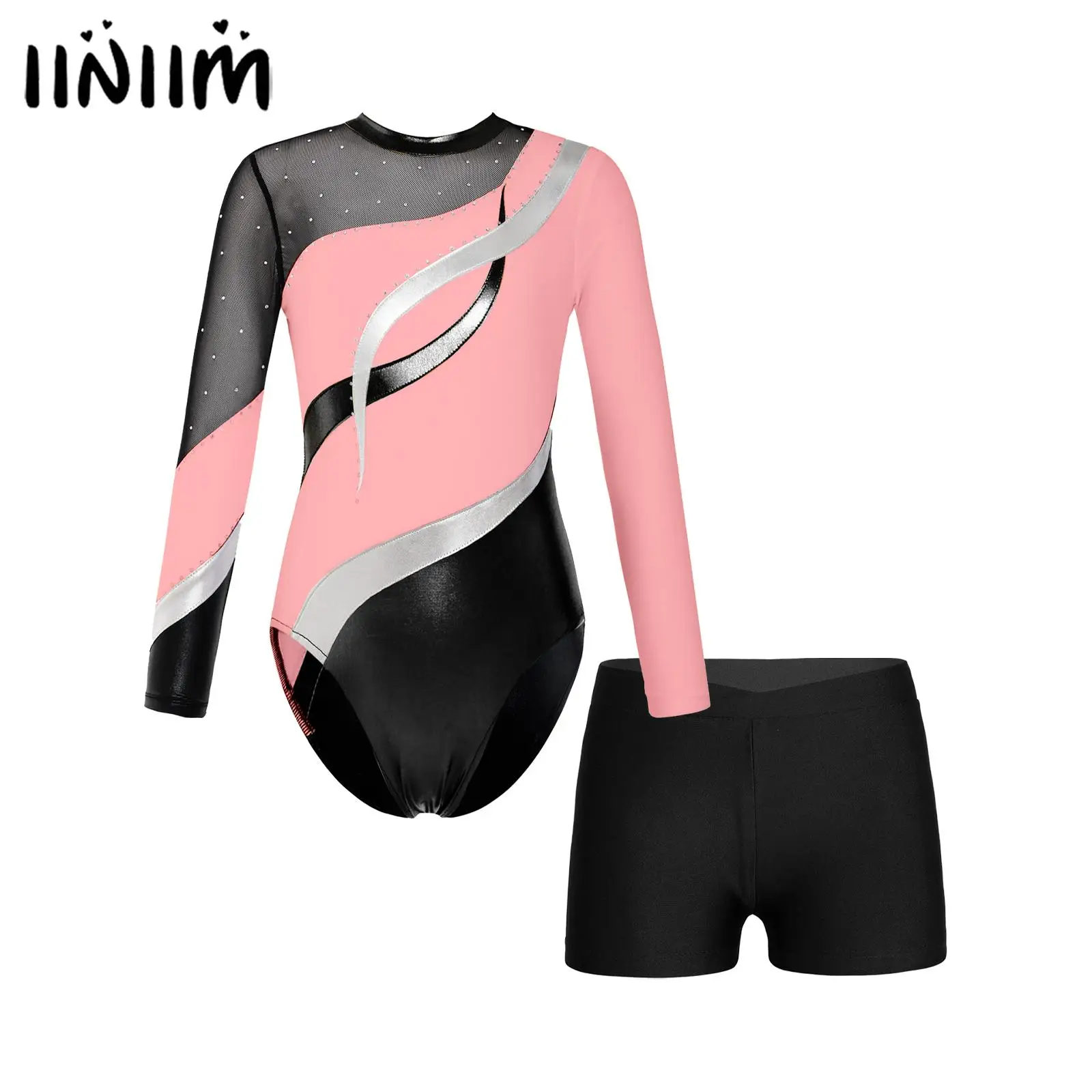 

Детский гимнастический балетный трико для девочек, танцевальный костюм, блестящий женский трико с длинными рукавами и шортами с V-образным вырезом, танцевальная одежда для балерины