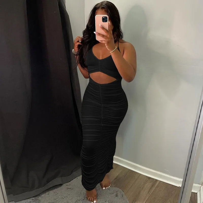 

Bottom Back Slit Sundresses Women Backless Pleated Bodycon Dresses 2021 Club Evening Party Wear Sexy Ruched Halter Long Dress