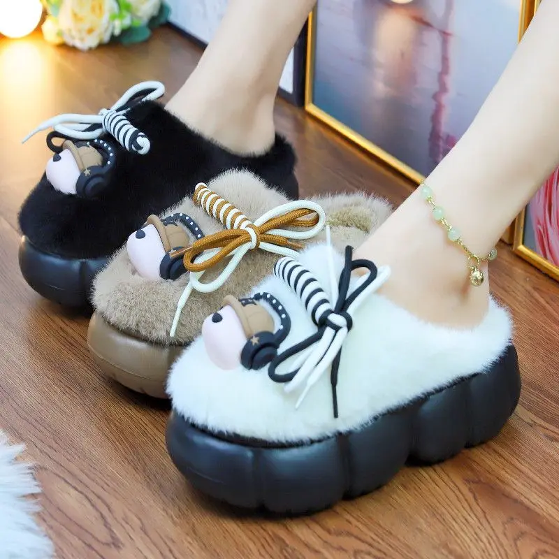 Красивые кофейные пушистые тапочки для девушек Женская милая собака с