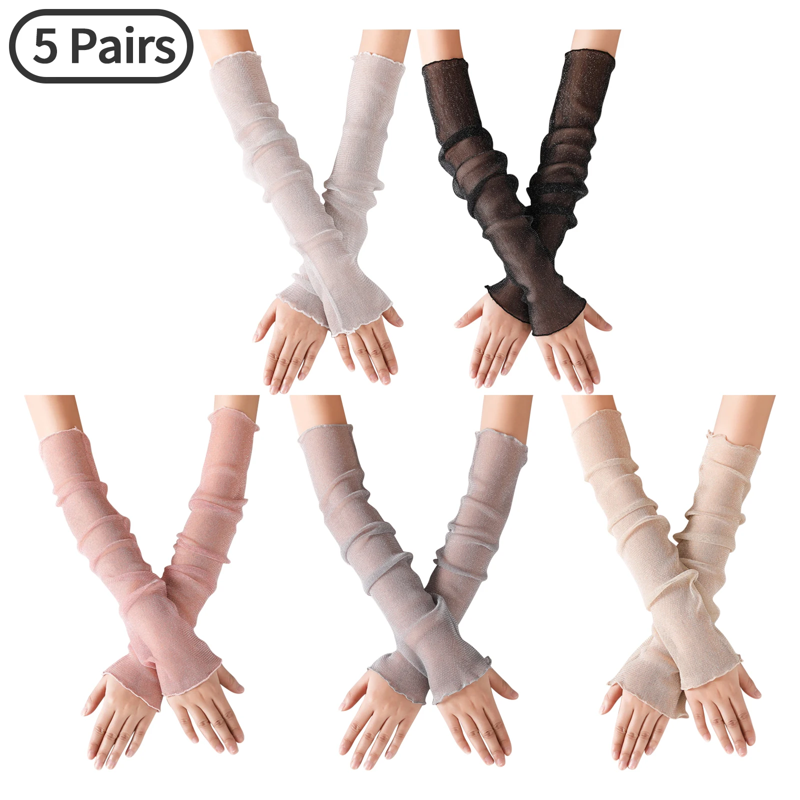 

5 Pairs Women Ultra-Thin Sunscreen Driving Glove Tulle Mesh Sleeve Fingerless Lace Arm Cover Outdoor Anti-UV Sunscreen Gloves