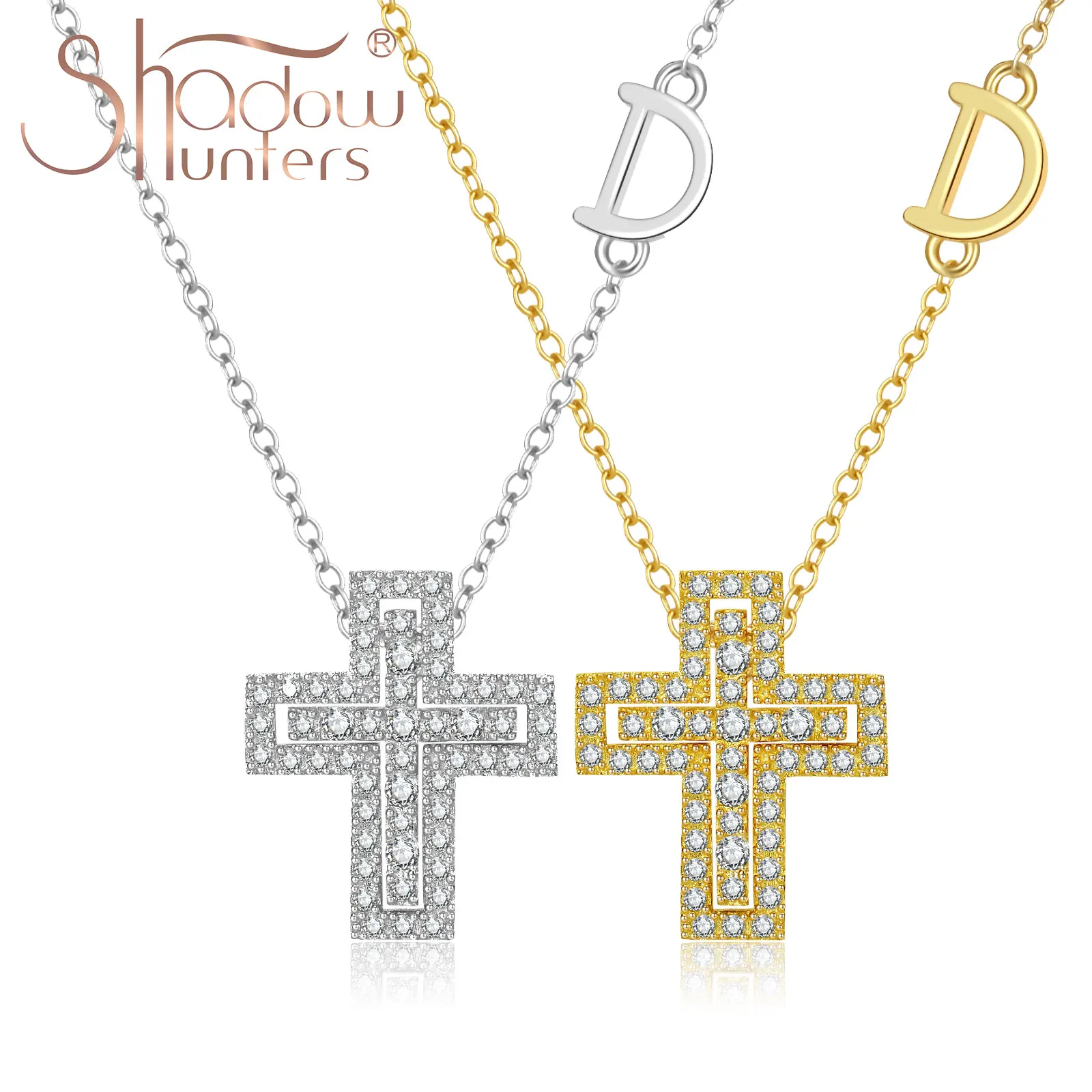 

SHADOWHUNTERS Real 925 Sterling Silver New Double Cross Pendant Necklace D Letter Shiny Zircon Fine Cross Necklace Korean Japan