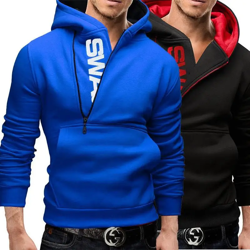 

Mens Hoodies Diagonal Zipper Design Pure Color Long Sleeve Slim Hoodie Casual Hooded Sportswear Sweatshirts Men Streetwear Black