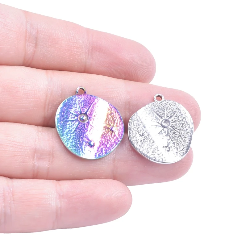 1/2Pcs Rainbow Silver Color Irregular Round Engraving Star Plaque Charms Stainless Steel Pendant For Jewelry Making Supplies