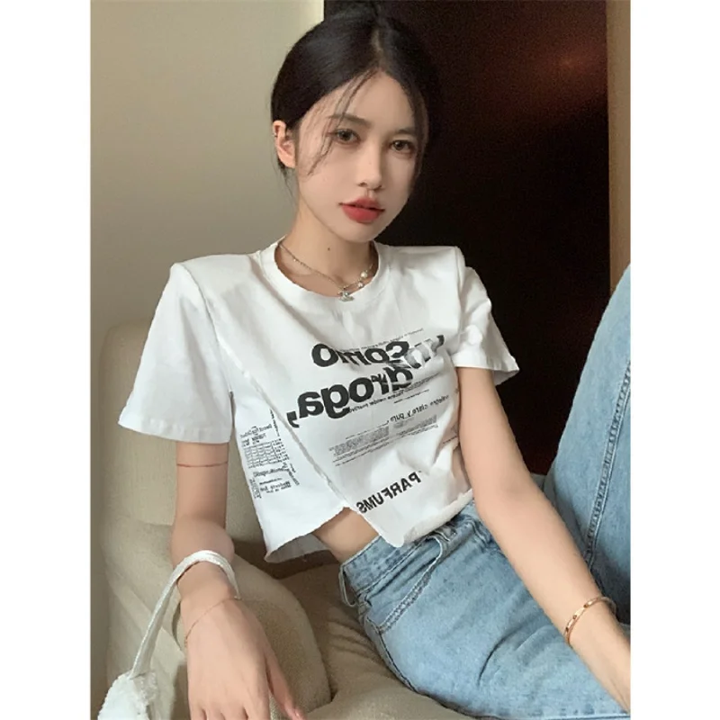 

Хлопковая футболка в американском ретро-стиле с принтом, Летняя асимметричная короткая футболка с пупком и коротким рукавом, Женская мода ...