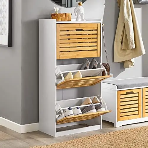 

White & Natural 3 Flip-Drawers Shoe Cabinet, Shoe , Shoe Storage Bench
