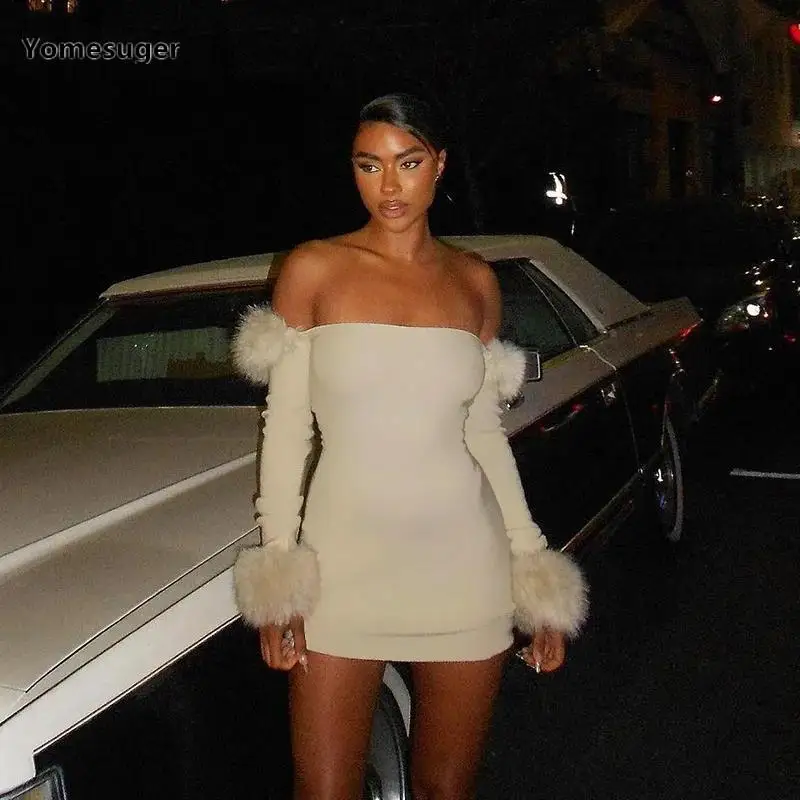 

Yomesuger Feather Patchwork Strapless Mini Dress Women Sexy Long Sleeve Off Shoulder Bodycon Dresses 2023 Autumn Party Clubwear