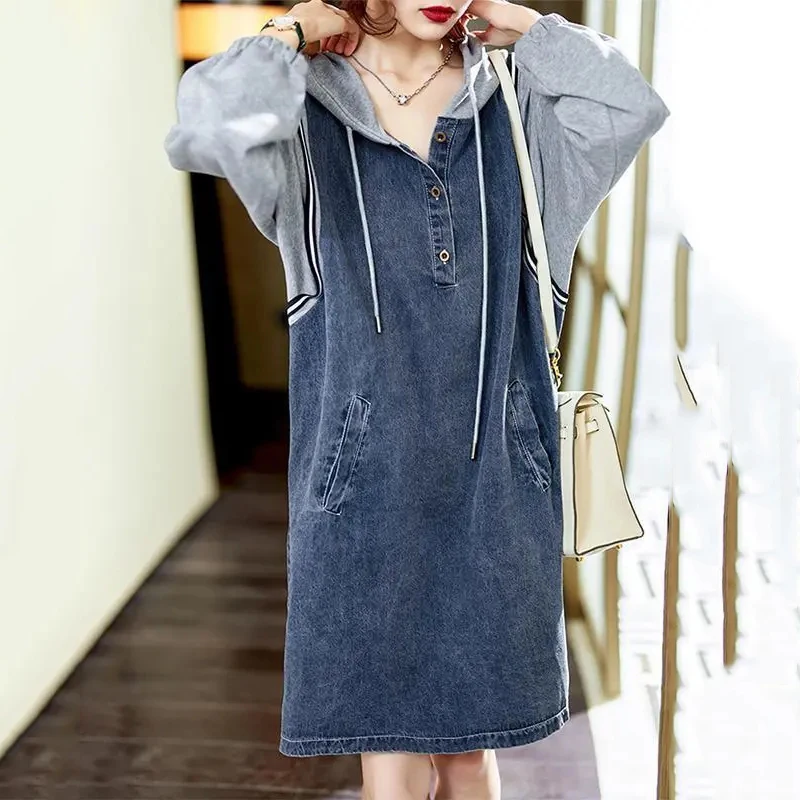 

New Women's Pullover Hooded Denim Dress Spring Autumn Seven Points Sleeve Dresses Female Loose Long Straight Cowboy Dresses 5XL