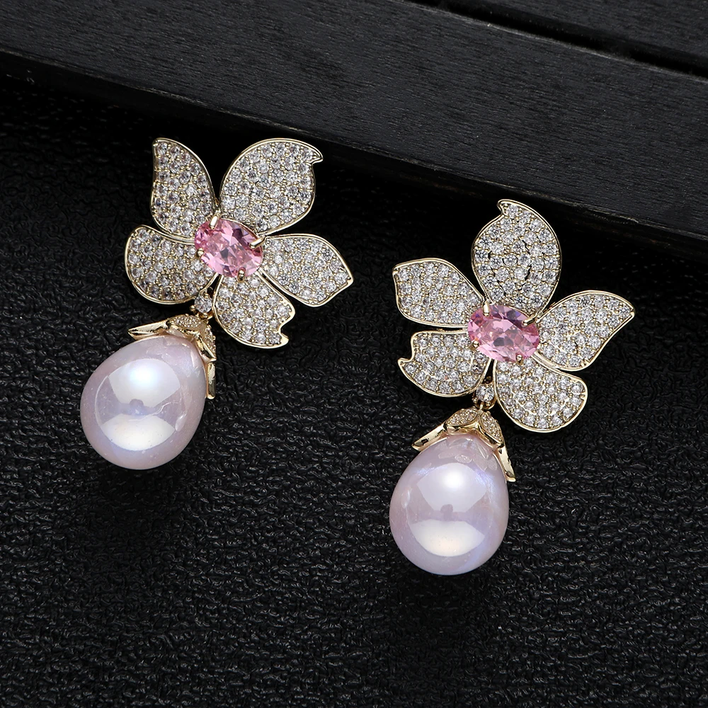 

Famous Brand Pink Flower Pearl Charms Earrings For Women Wedding Party Trendy Cubic Zircon Imitation Pearl Accessories