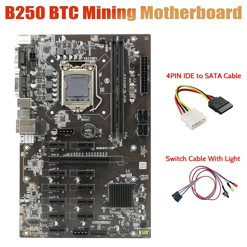 

NEW-B250 BTC Mining Motherboard with Switch Cable with Light+4PIN IDE to SATA Cable 12XGraphics Card Slot LGA 1151 for Miner