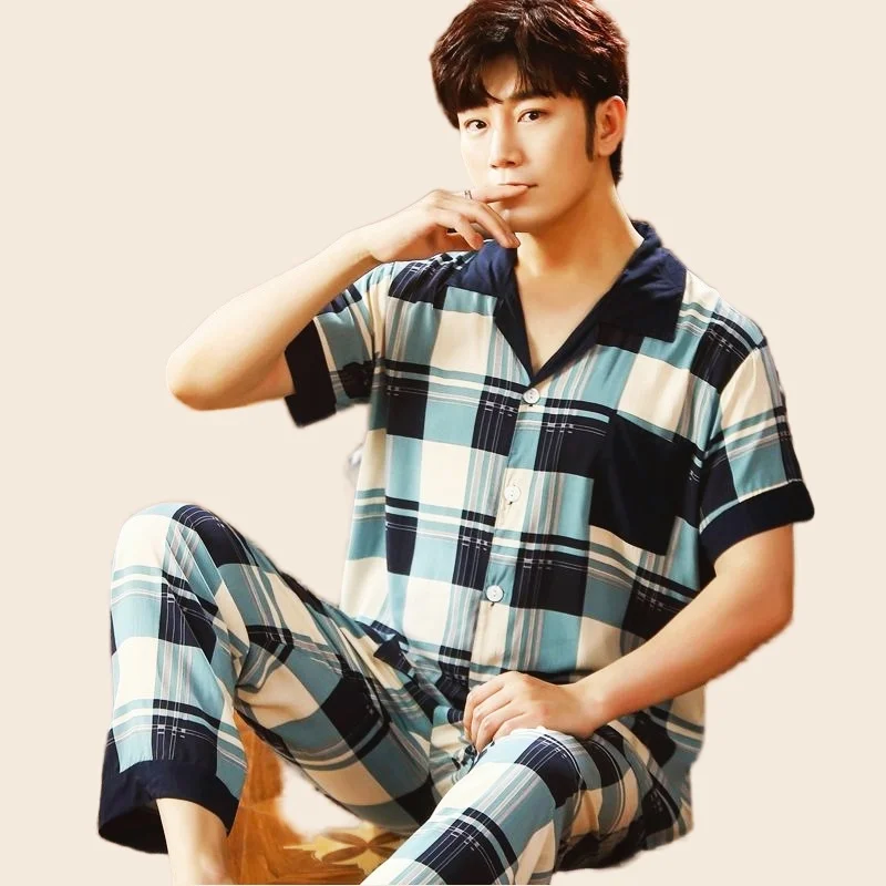 Men's Pajamas Set Sexy Plaid Sleepwear For Man Short Sleeve Shirt Stripe Pyjama Men's Autumn Fashion Cotton Homewear Pjs
