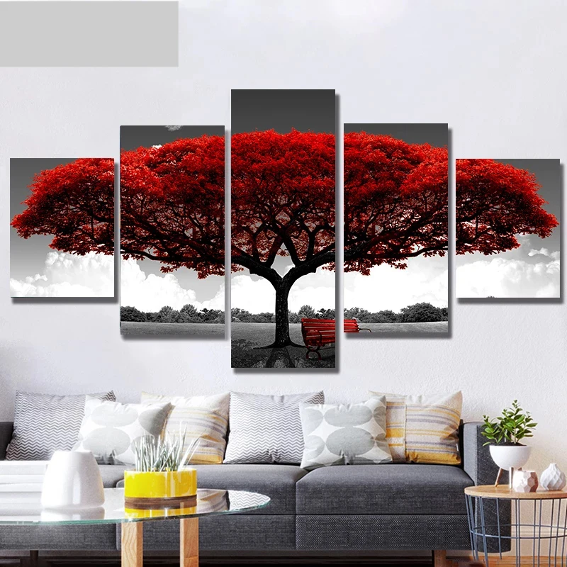 

Room Decor 5 Panel Modular Picture Red Tree Art Scenery Canvas Painting Wall Art HD Poster Prints Living Room Decor Home Decor
