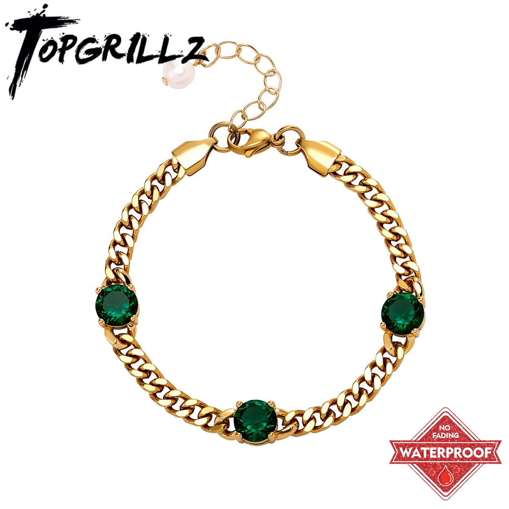 

TOPGRILLZ 3.5mm Cuban Chain Bracelet Waterproof Color Retention Green/White Baguette CZ Stone with Natural Freshwater Pearl Tail